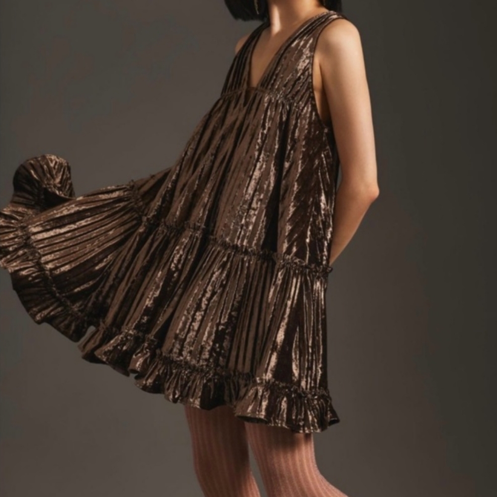 Anthropologie En Saison Madeline Crinkled Tiered Velvet Dress in Brown - Picture 6 of 6